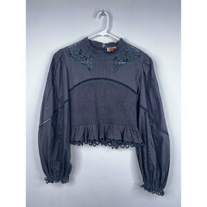 Farm Rio Black Lace Smocked Blouse Long Sleeve Ruffle Eyelet Crop Top Size XS